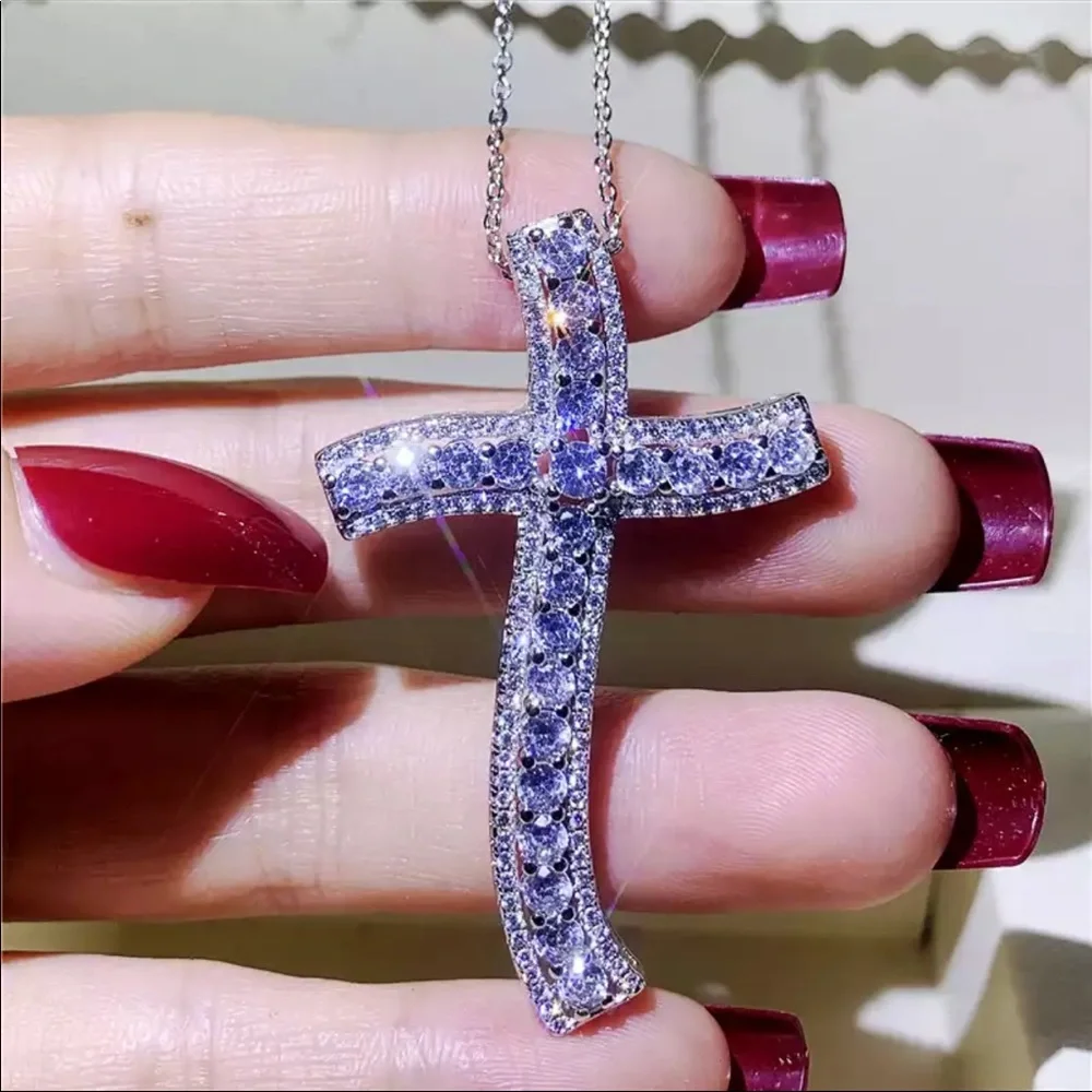 New Men Women 925 Silver Big Diamond Pendant Cross Necklace - Picture 2 of 6